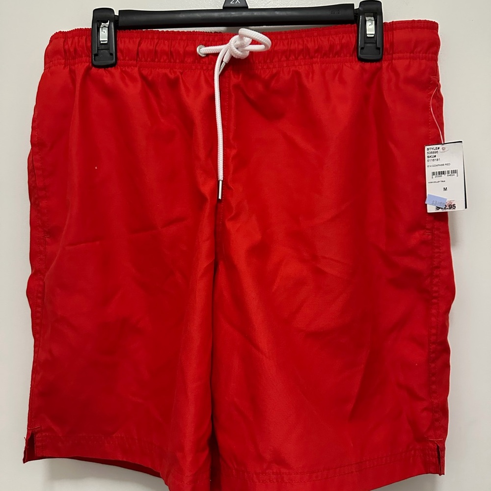 Lands' End Bright Red Men's Swim Trunks with White Drawstring